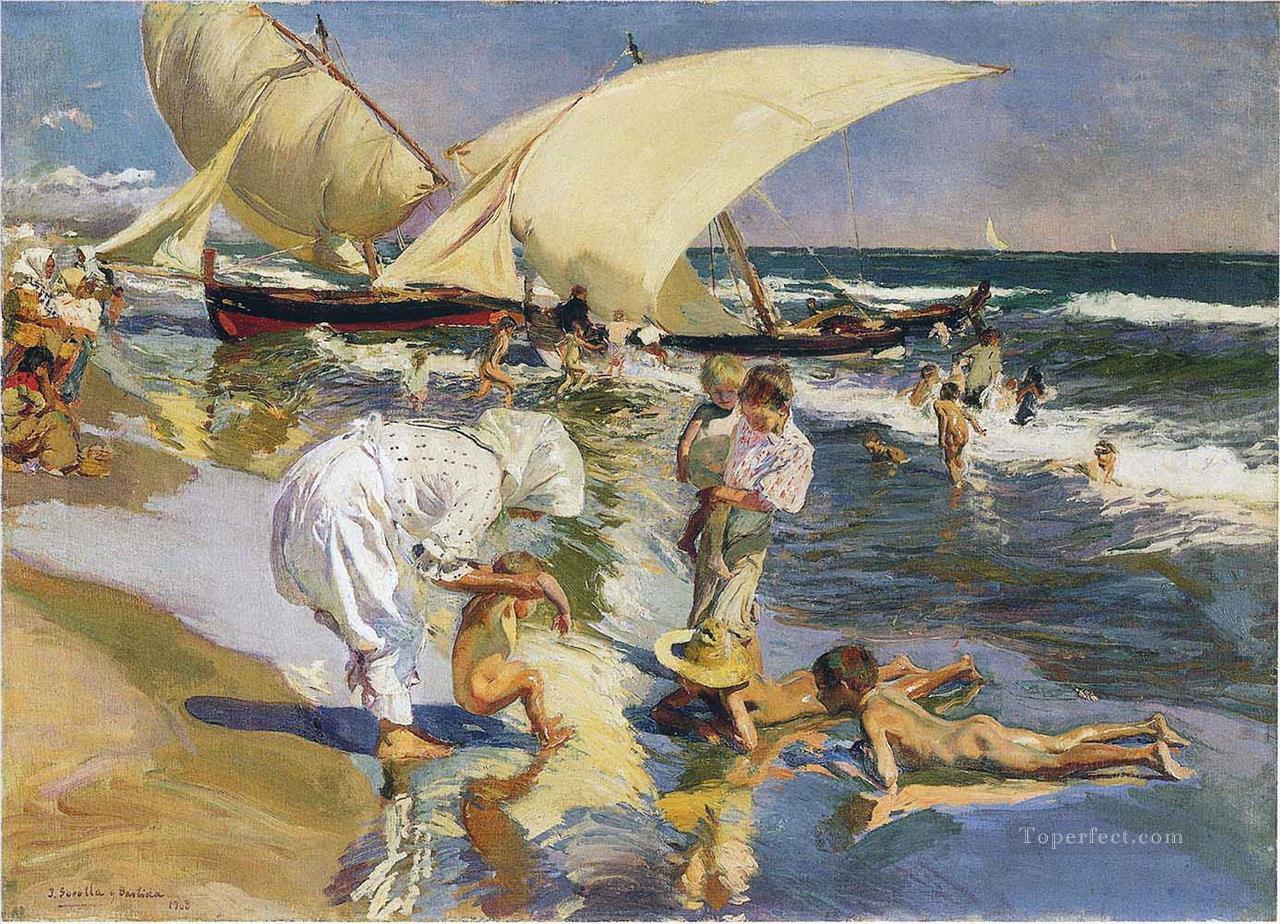 朝の光に照らされたバレンシアのビーチ 1908油絵